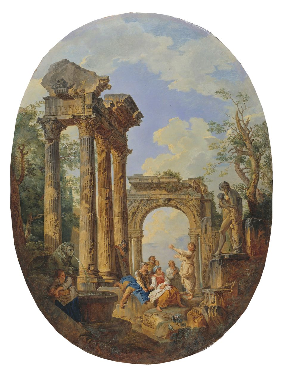 giovanni paolo panini, roman ruins, painting, oil on canvas, oval, height, 125 cm 492 inches, width, 93 cm 366 inches photo by sepia timesuniversal images group via getty images