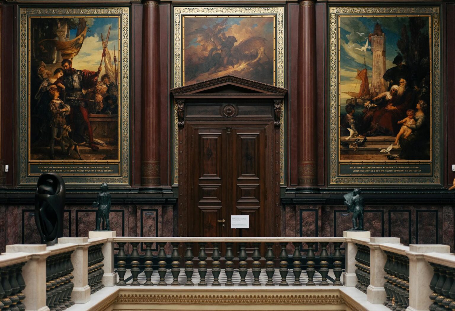 Elegant art museum gallery with paintings on walls and visitors viewing exhibitions