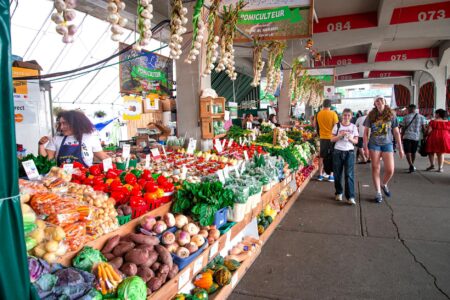 Bustling farmers market with vendor stalls displaying fresh produce and flowers