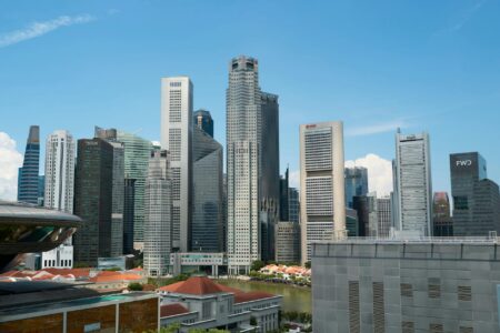 Modern financial district with glass office buildings and professional pedestrians