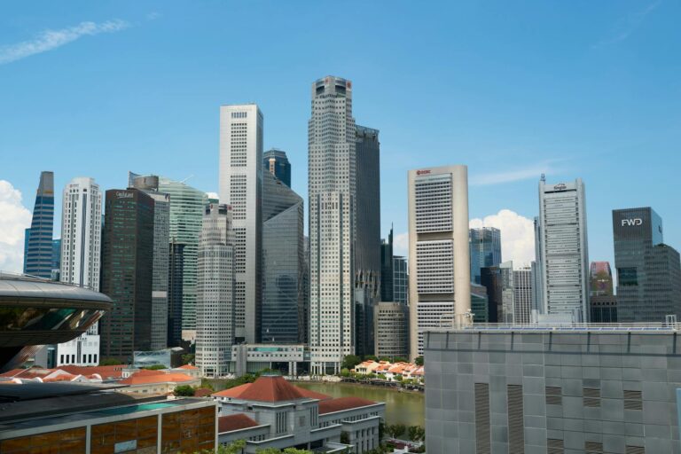 Modern financial district with glass office buildings and professional pedestrians