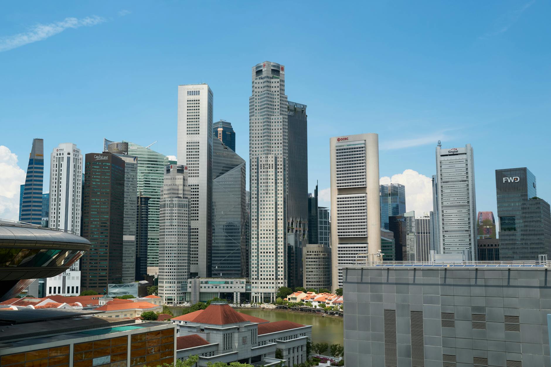 Modern financial district with glass office buildings and professional pedestrians