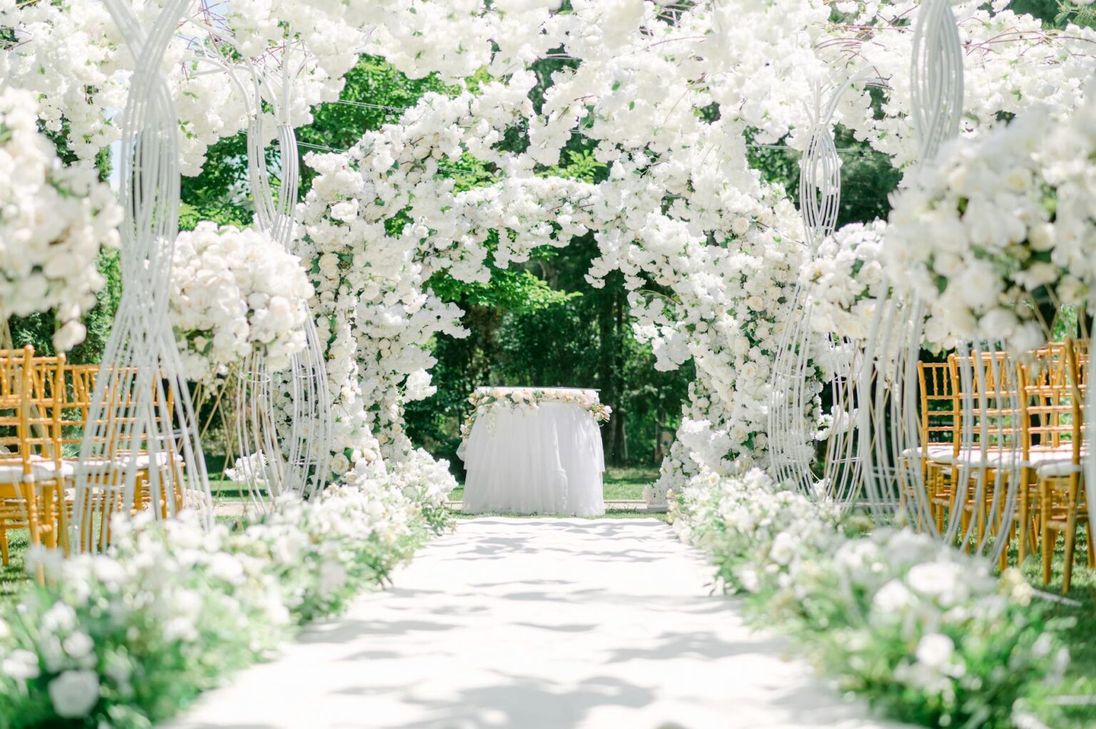 Elegant white wedding dress hanging in vintage boutique setting