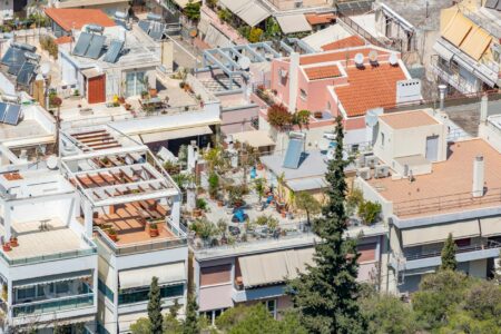 Urban rooftop garden with city skyline backdrop showing green plants and modern architecture