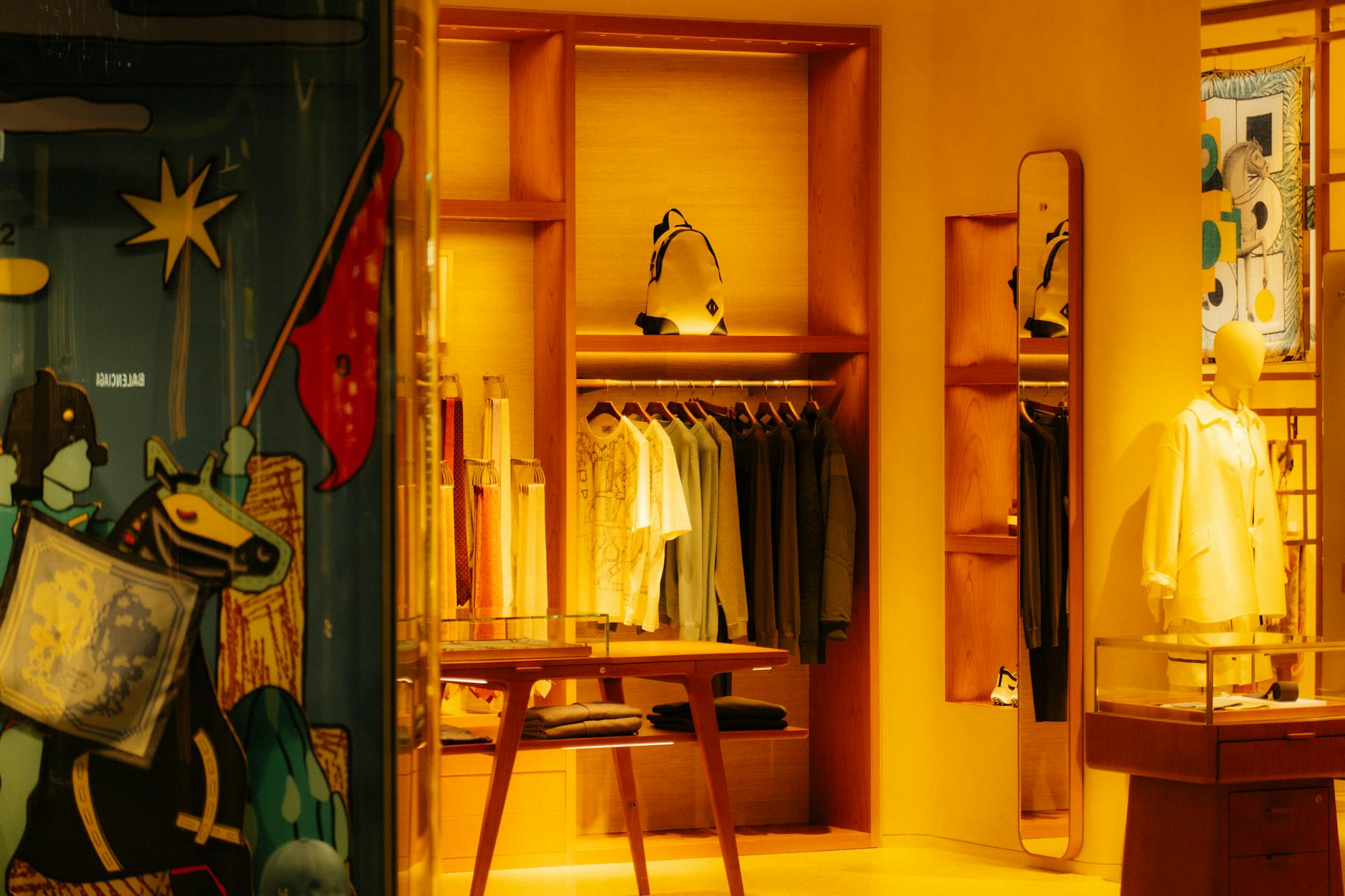 Upscale fashion boutique interior with carefully curated vintage and designer clothing displays