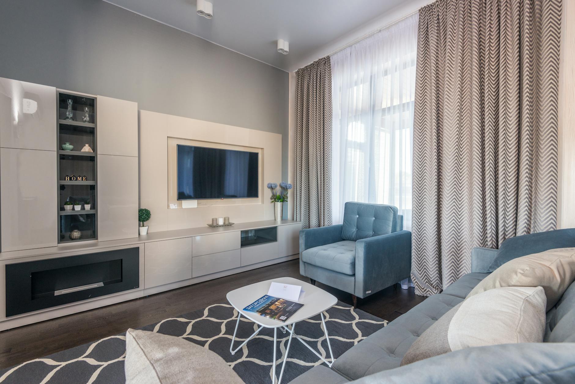 Beautifully staged modern living room with optimal furniture placement and harmonious design elements