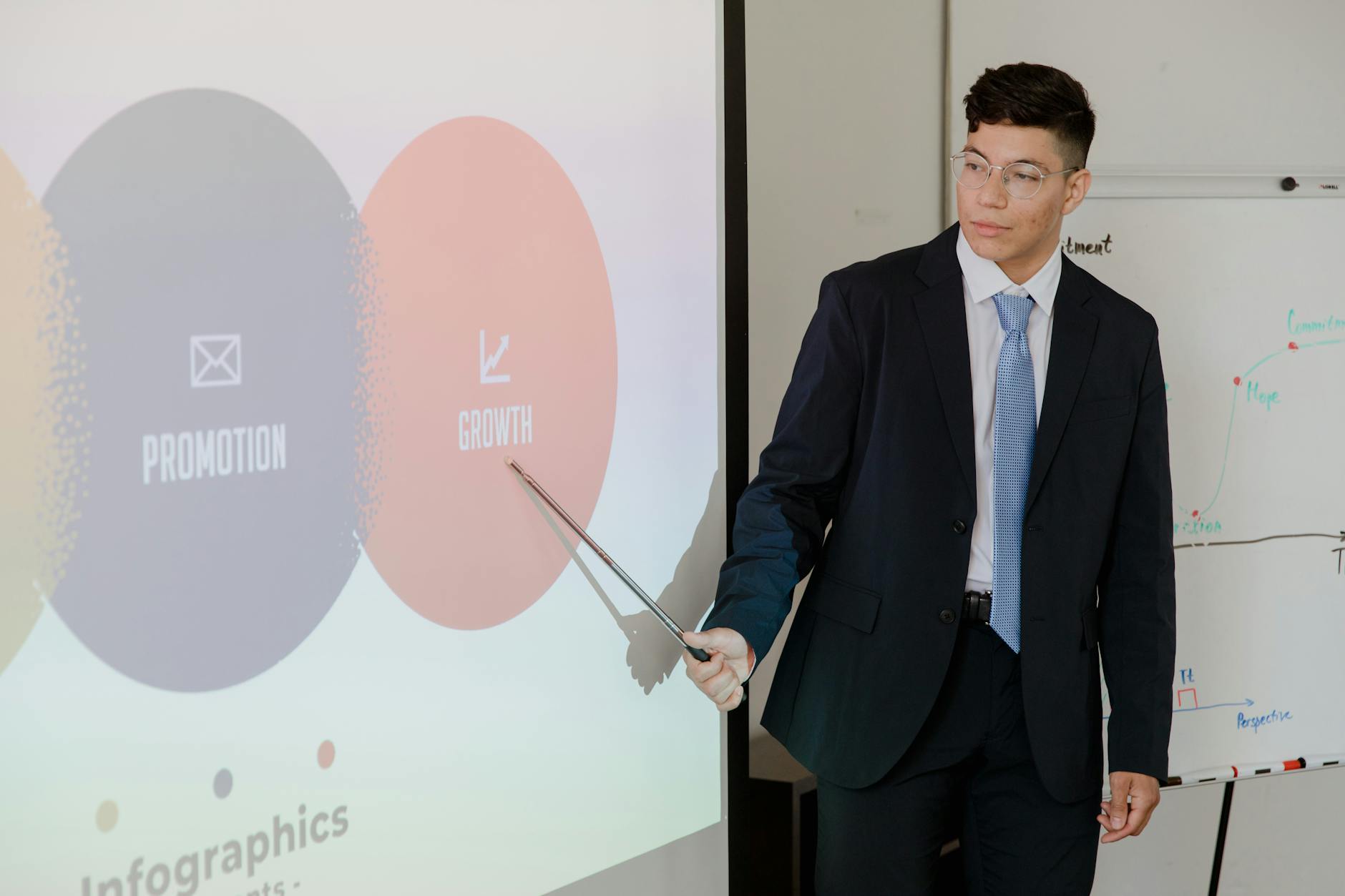 Business professional giving presentation in corporate setting