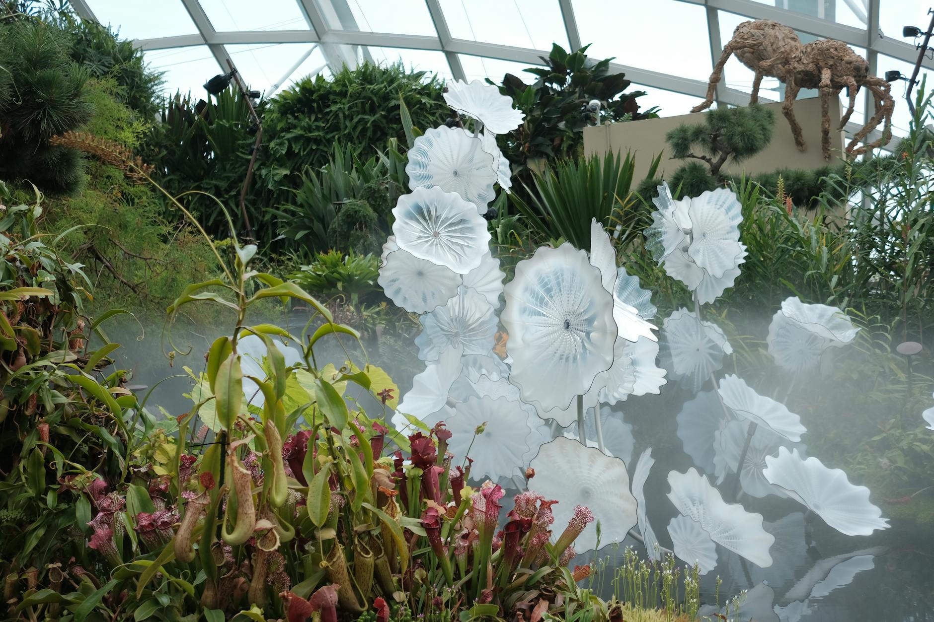 Glass greenhouse structure with steel framework and natural lighting filtering through panels