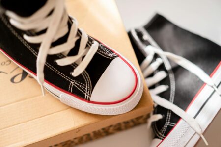 Black high-top sneakers on white background