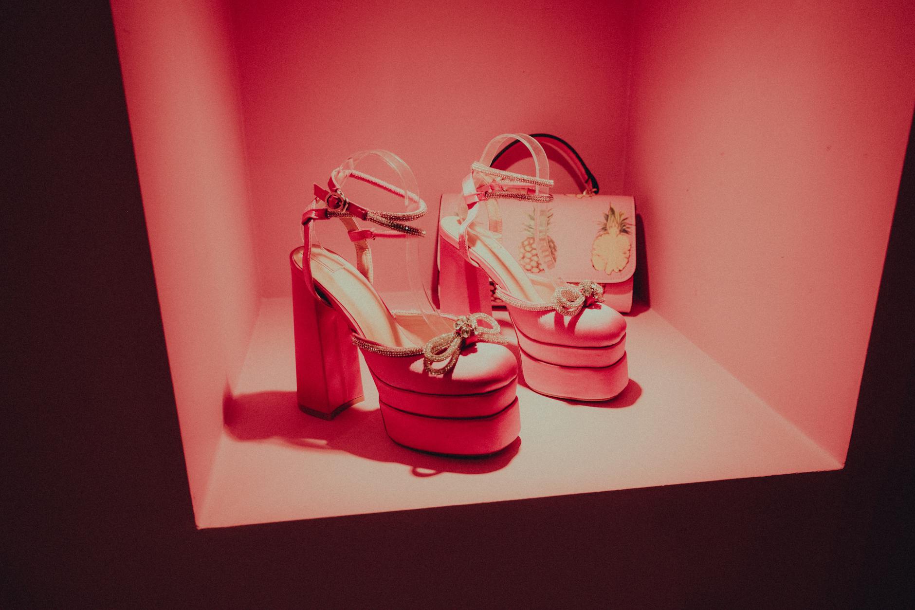 Elegant luxury footwear displayed in upscale retail environment