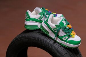 High-end sneakers displayed in upscale retail environment