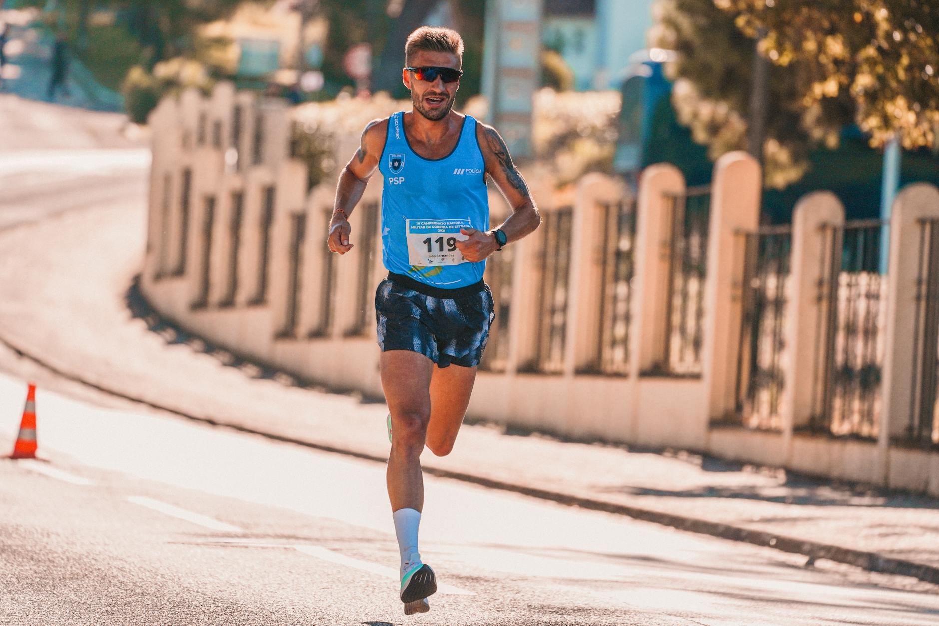 Runner's feet in technical running shoes during race
