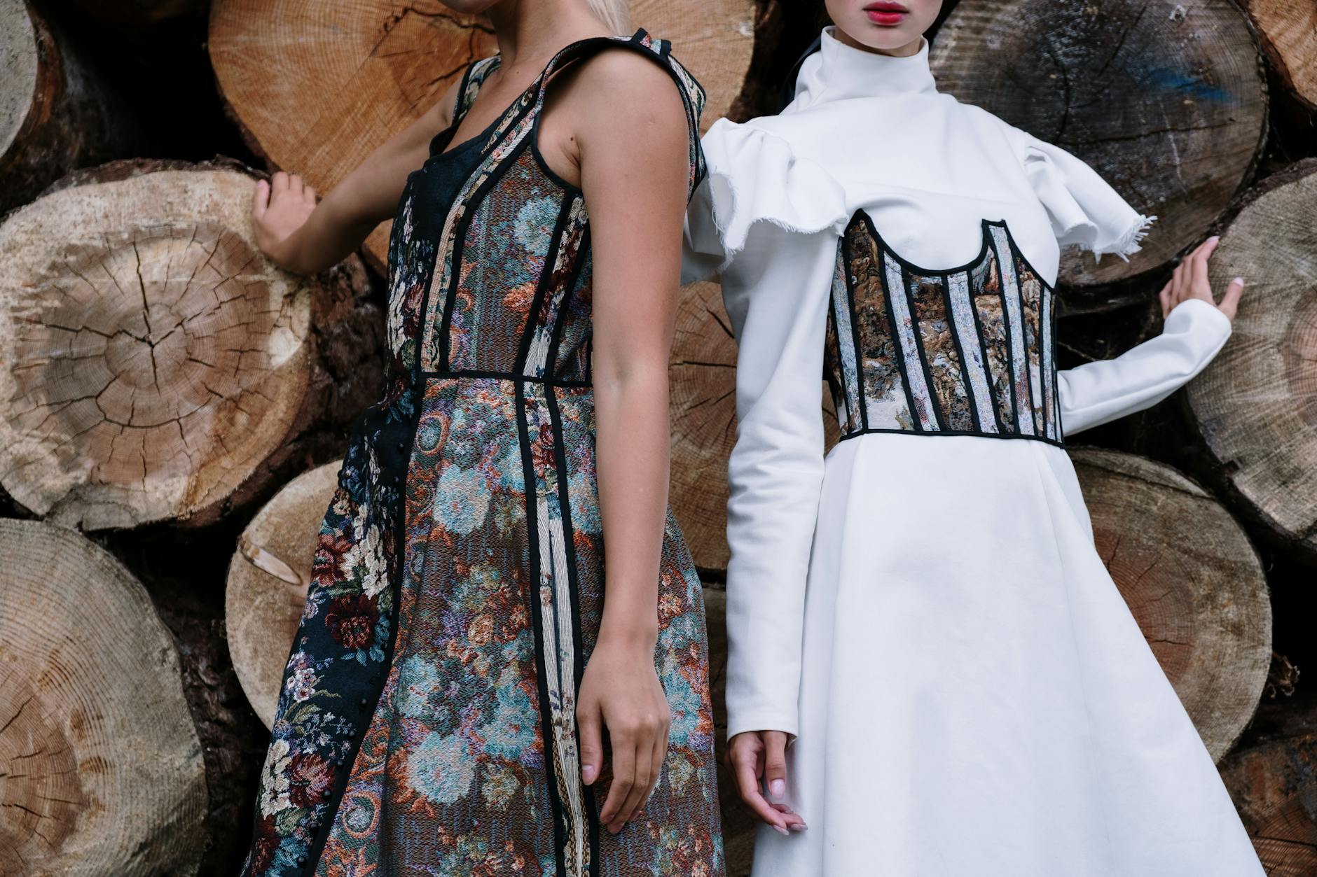 Metallic evening dress hanging in luxury boutique setting