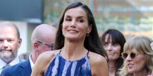 Queen Letizia Steps Out in Madrid With Espadrille Wedges Close-up of espadrille wedge sandals on a summer pavement