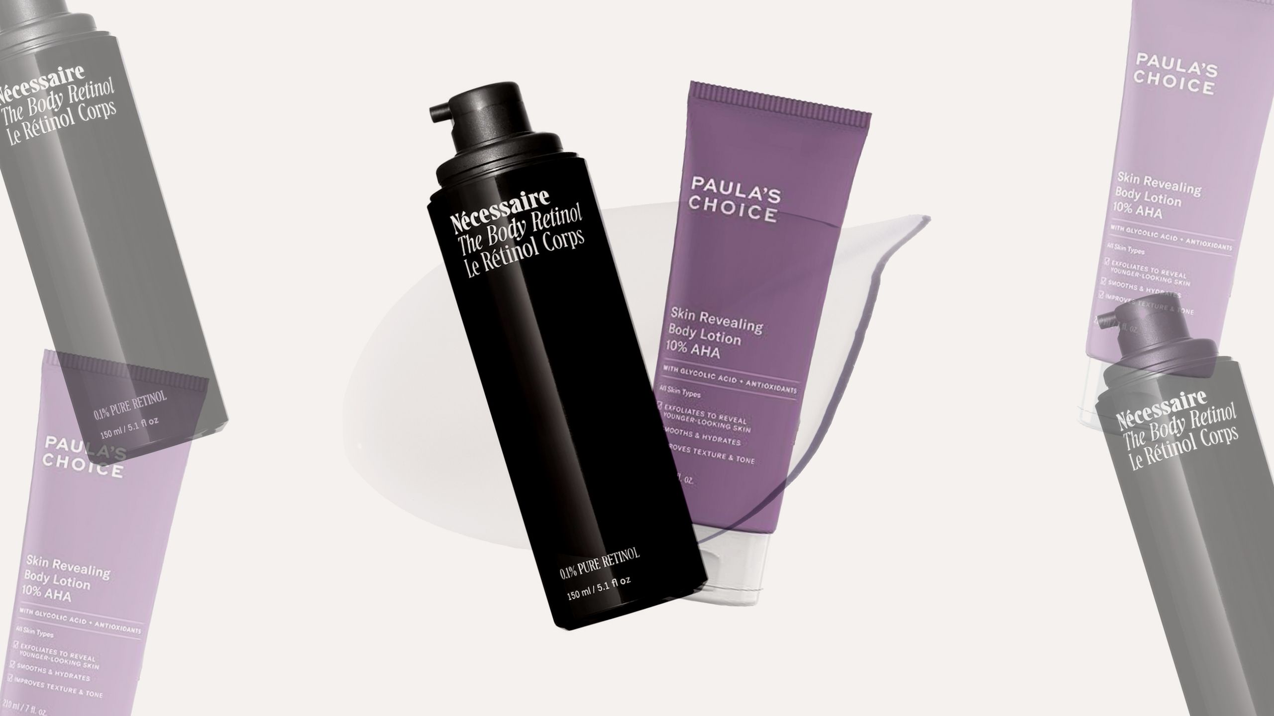 Close-up of skincare product bottles with active ingredients on a bathroom shelf