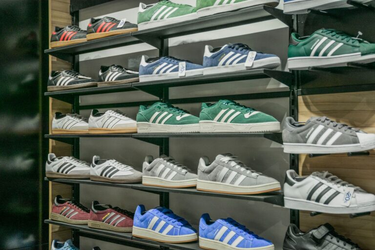 Rows of footwear displayed on shelves inside a retail shoe store