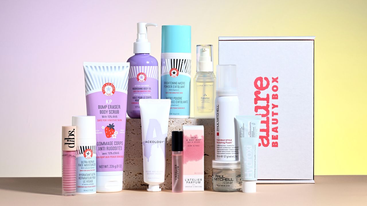 Flat lay of skincare and hair care products from a monthly beauty subscription box