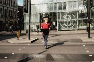 Street-level fashion scene in a British city outside London