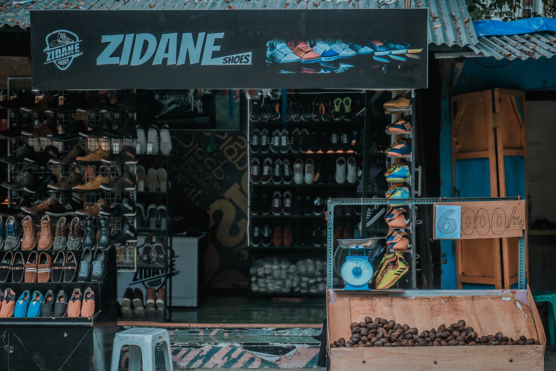 Footwear displayed in a retail storefront window