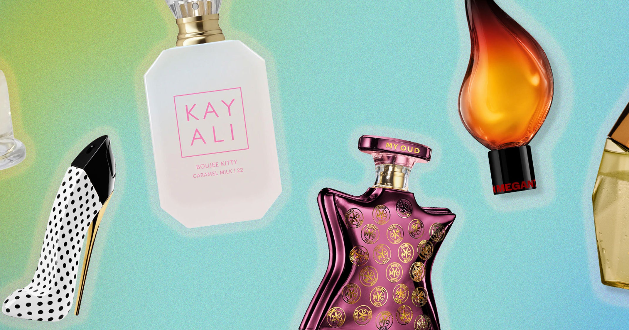 Assorted perfume bottles arranged on a light surface in summer light