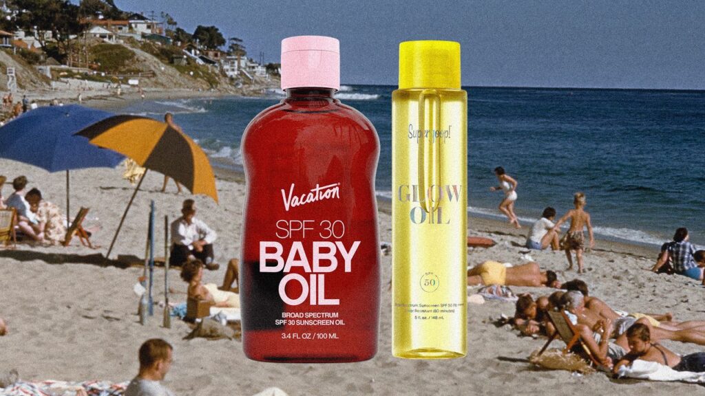 Sunscreen Oils Are Having a Moment — But At What Cost? Bottles of sunscreen oil and SPF products arranged on a sandy beach surface