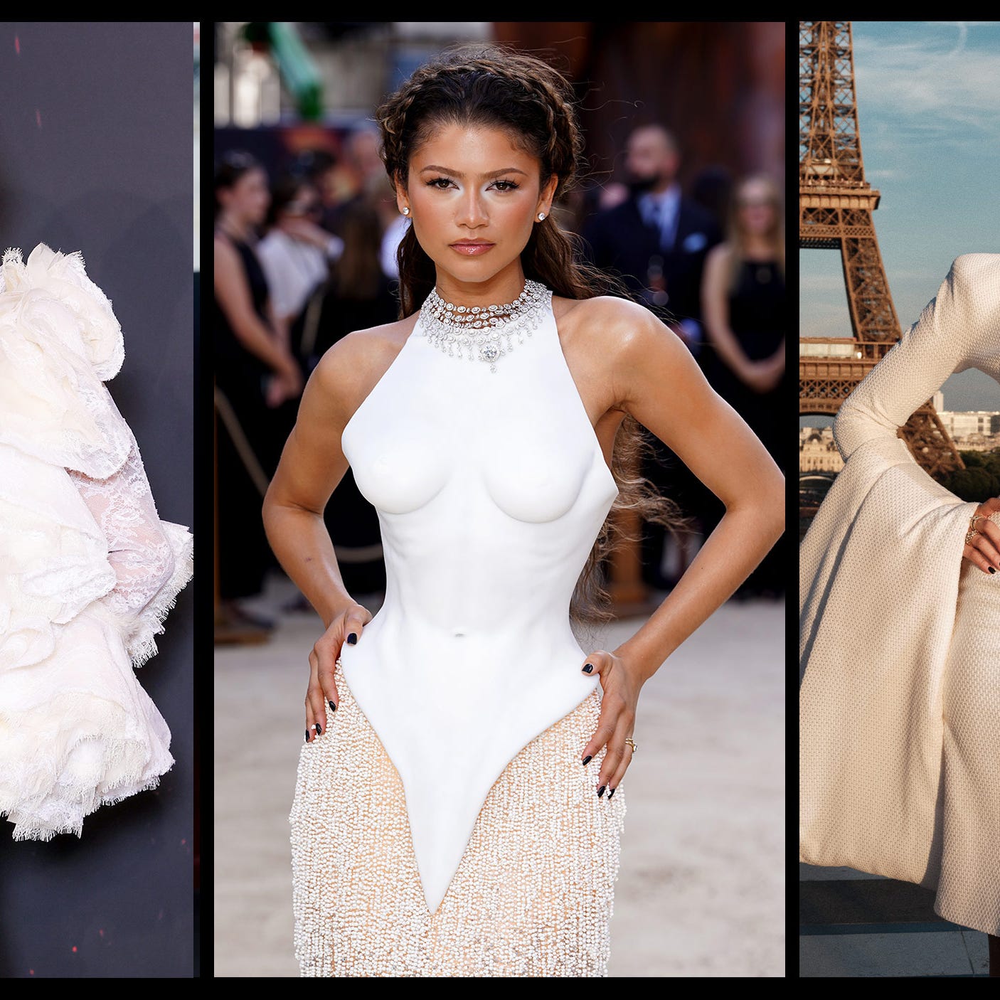 A model in a high-fashion designer look at a major public appearance