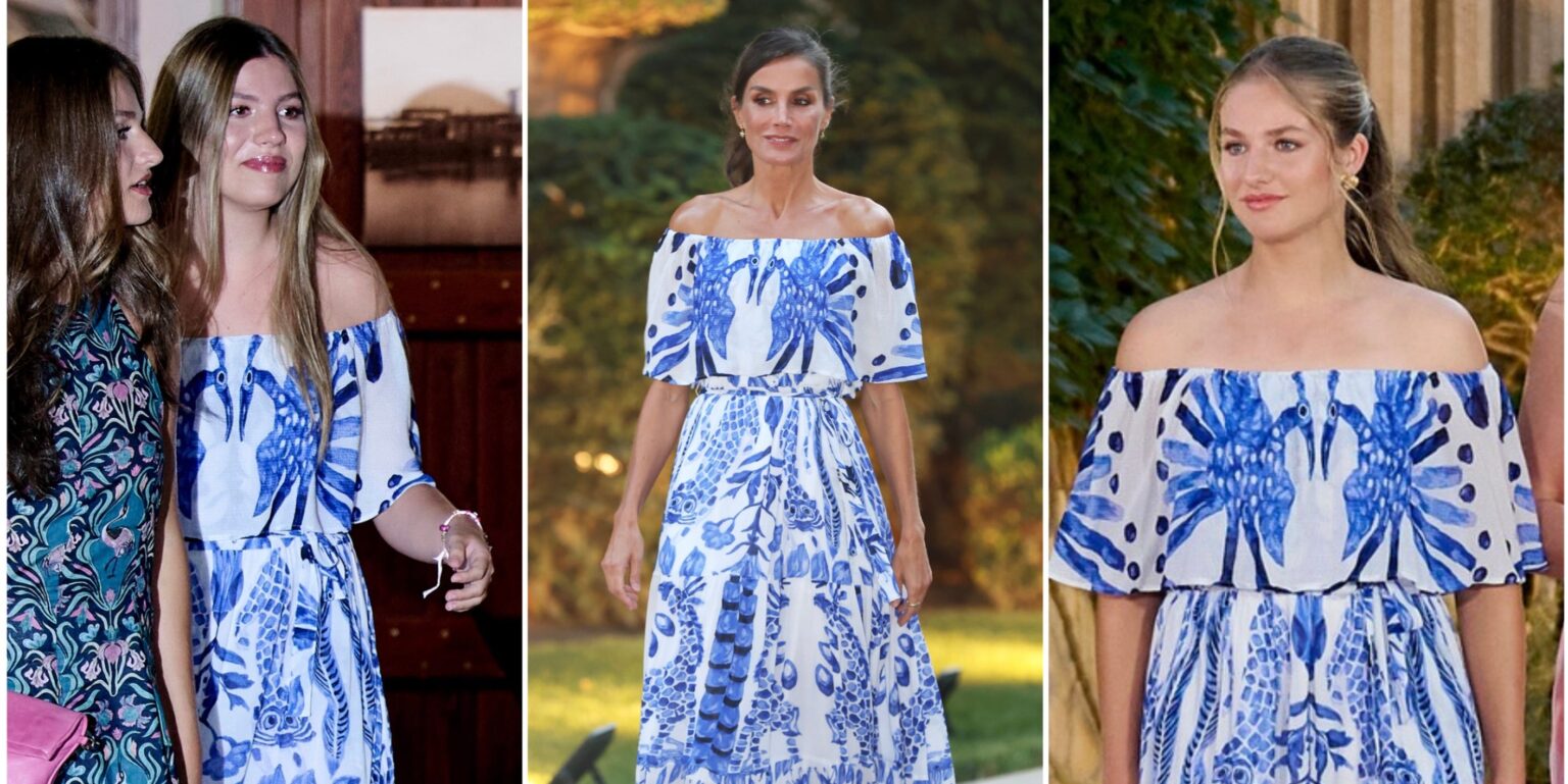 Infanta Sofía Borrows Queen Letizia’s Desigual Dress A blue and white printed summer dress hanging in a bright wardrobe