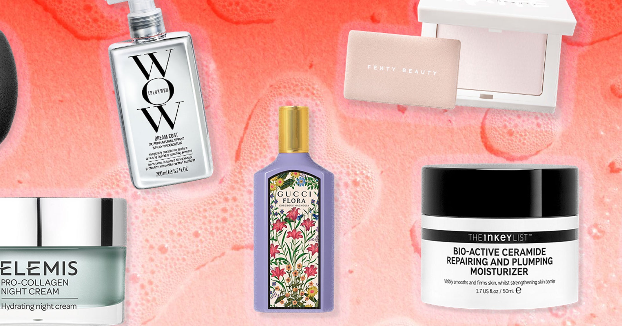 Assorted makeup and skincare products arranged on a flat surface for a beauty sale feature