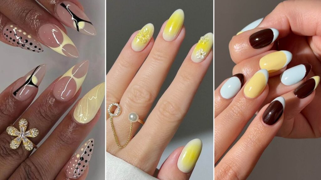 Close-up of pale butter yellow nail polish on natural nails