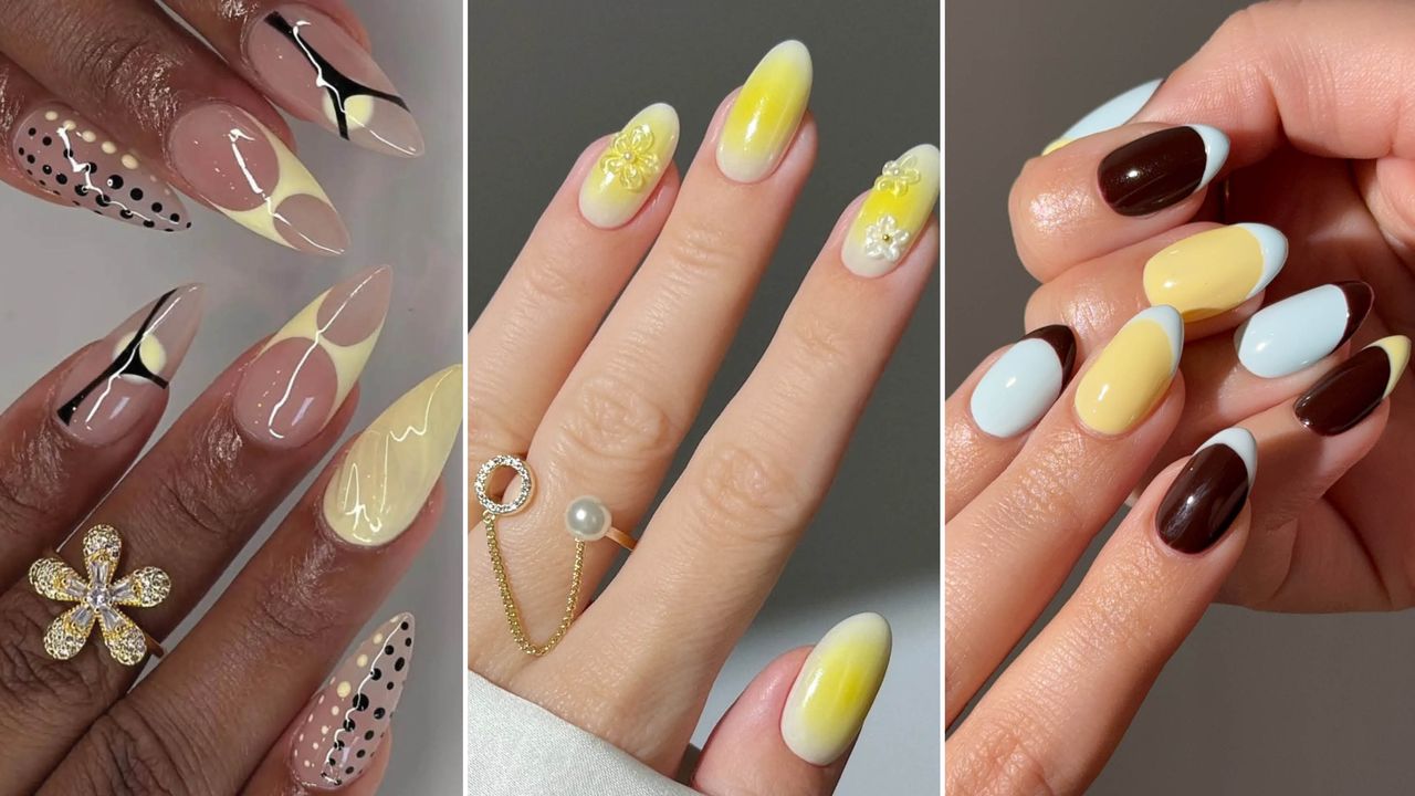 Close-up of pale butter yellow nail polish on natural nails