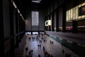 Interior of a modern London museum venue set for a fashion event