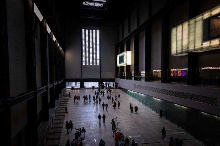 Interior of a modern London museum venue set for a fashion event