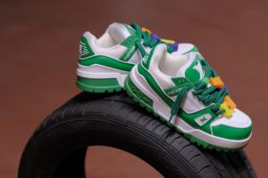 Close-up of Italian luxury sneakers on a clean white surface