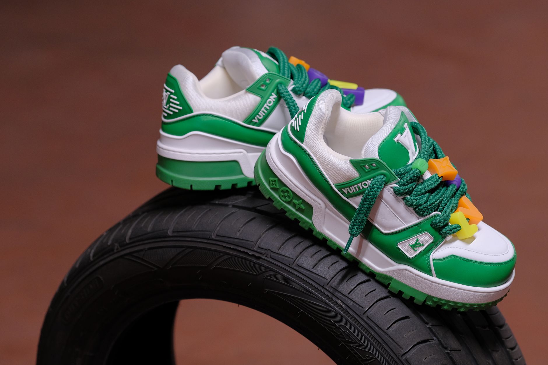 Close-up of Italian luxury sneakers on a clean white surface