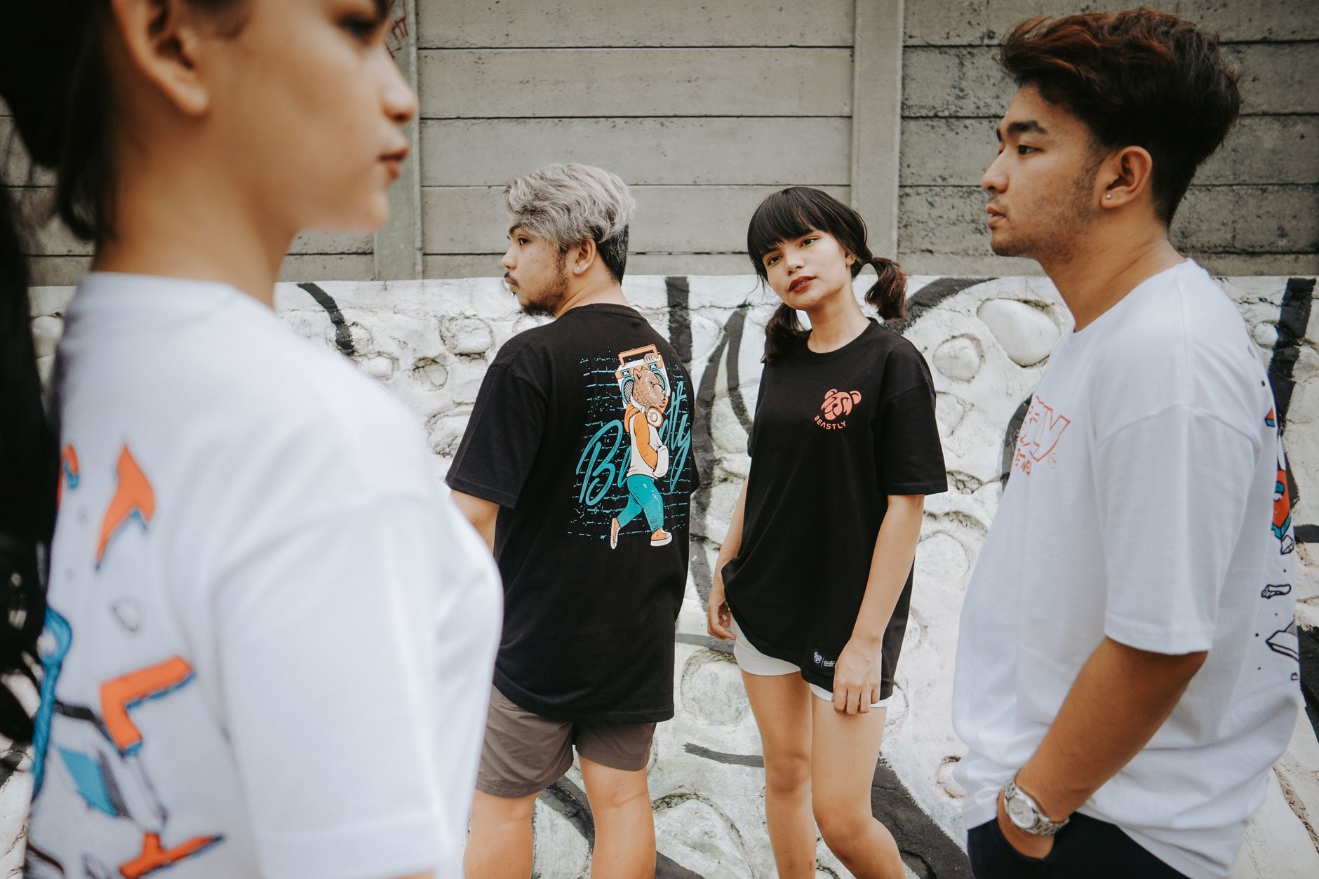 Lifestyle and streetwear products arranged on a display surface