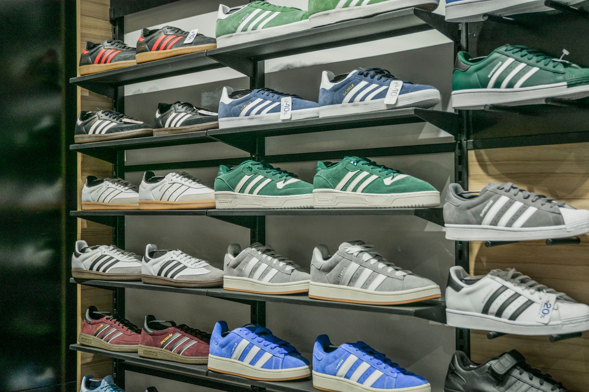 Sneaker collection displayed on shelves representing limited release footwear culture