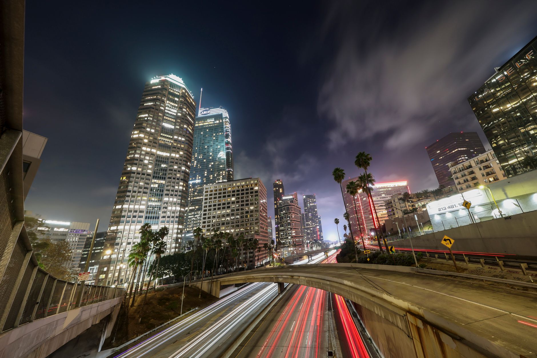Exterior of a historic downtown Los Angeles venue lit up at night