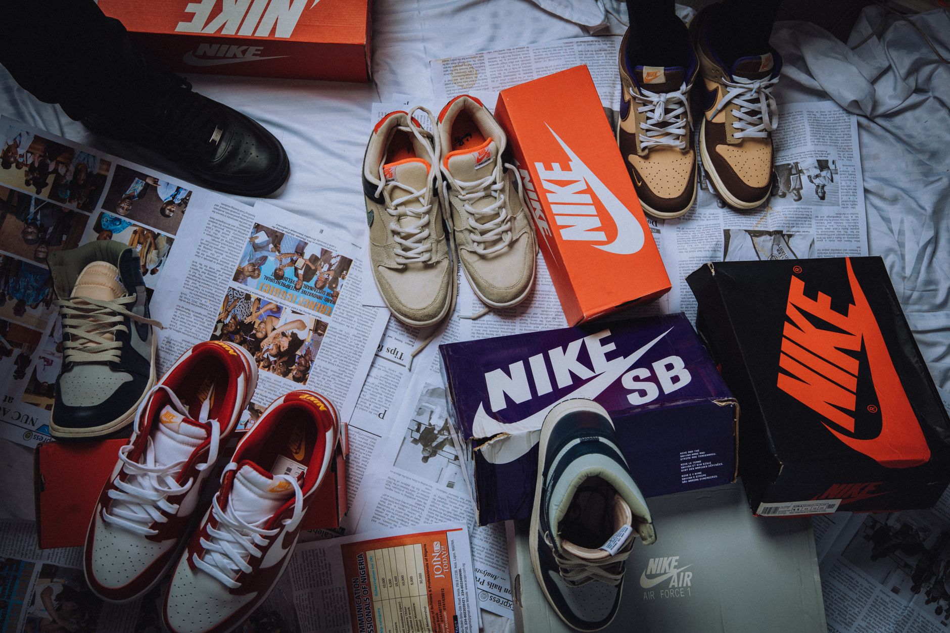 Colorful sneaker collection arranged on display shelving