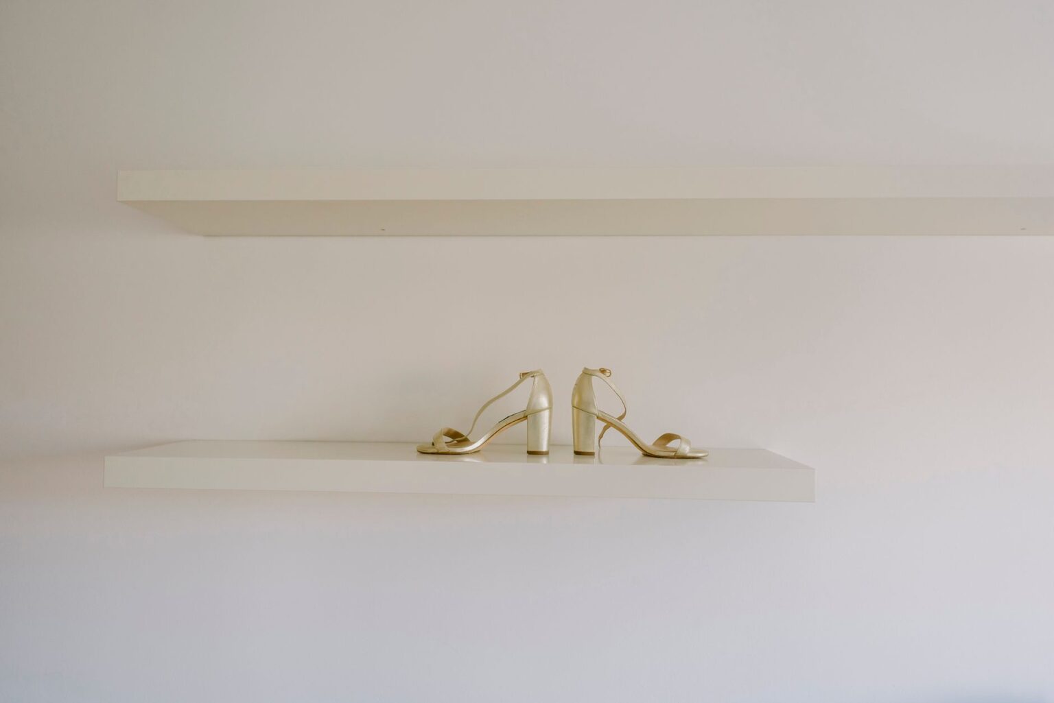 Close-up of structured heeled shoes on a display surface
