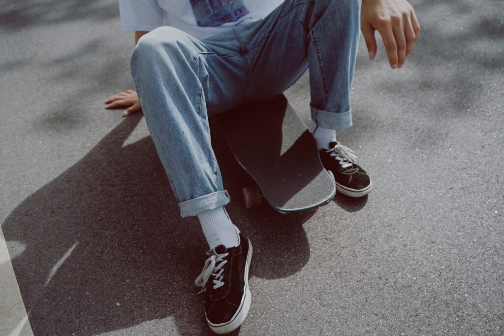 Folded baggy denim jeans in a retail setting