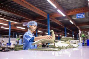 Workers assembling sneakers on a factory production line