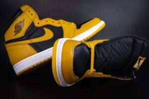 Close-up of a high-top basketball sneaker with bold colorway detailing