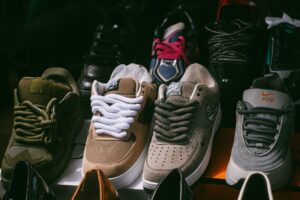 Colorful sneaker collection displayed on a retail surface