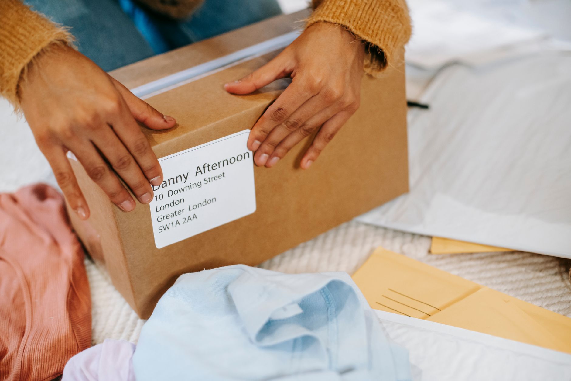 Close-up of shipping labels on cardboard packages ready for dispatch