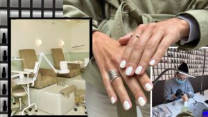 Close-up of a professional nail technician performing a precise manicure on a client's hand