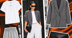 Woman wearing relaxed basics styled with structured blazer and accessories