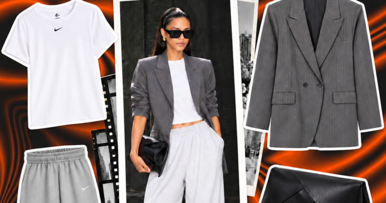 Woman wearing relaxed basics styled with structured blazer and accessories