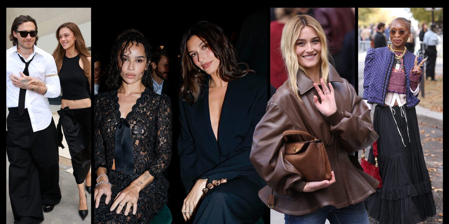 Elegantly dressed guests seated in a front-row fashion show audience