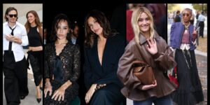 Elegantly dressed guests seated in a front-row fashion show audience